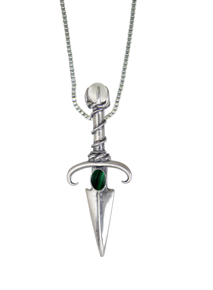 Sterling Silver Black Prince's Knife Dagger Pendant With Malachite And a Clear Glass Bead